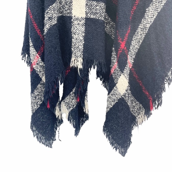 Plaid Navy Poncho Fringe Turtleneck Sweater - Picture 4 of 7